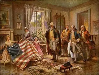 Betsy Ross présentant le drapeau américain ("Stars and Stripes") à George Washington 