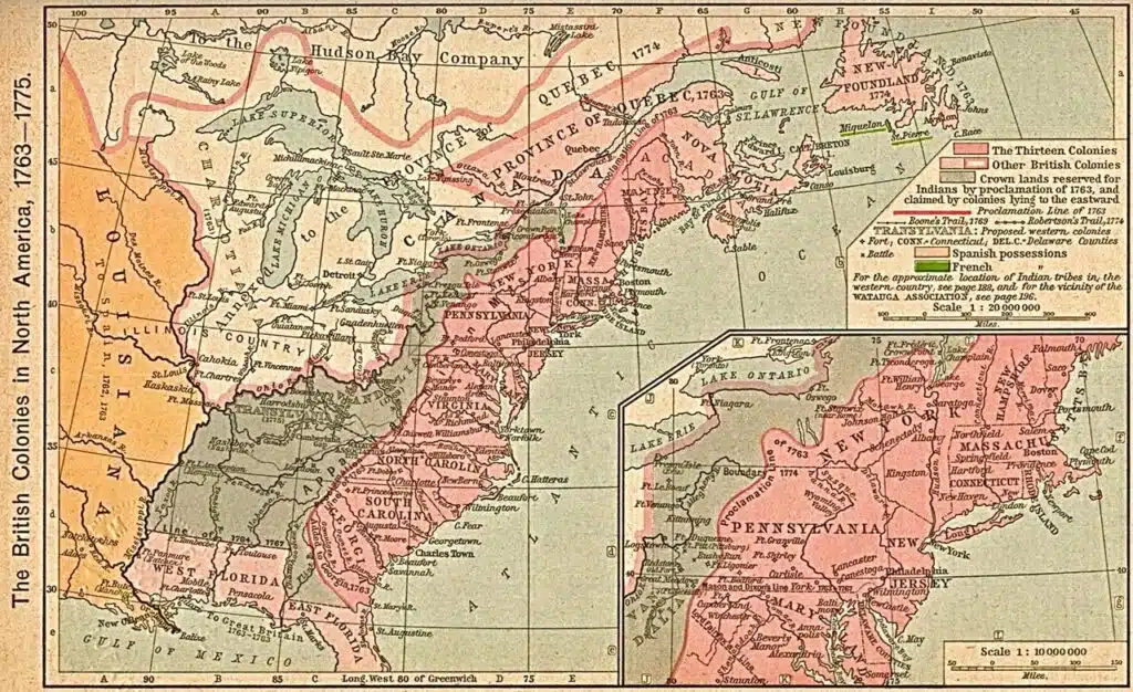 Les Treize colonies et l'Amérique du Nord à la veille de la guerre d'Indépendance américaine (carte de situation suite à la guerre de Sept Ans et au traité de Paris de 1763)