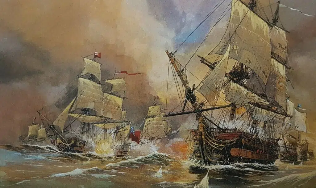 Les escadres françaises (commandée par De Grasse) et britanniques (commandées par Hood et Graves) s'affrontant lors de la bataille de la baie de la Chesapeake (1781)
