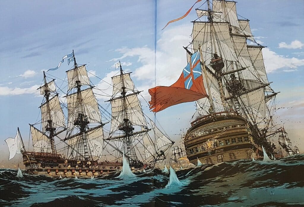 Les escadres françaises et britanniques s'affrontant lors de la bataille de la baie de la Chesapeake (1781)