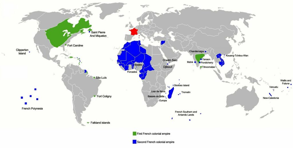 Carte des deux empires coloniaux français (premier empire colonial français – Canada, Indes,... – et second empire colonial français – Afrique, Madagascar, Indochine, etc.)