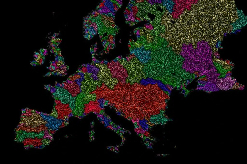 Carte des bassins fluviaux de l'Europe