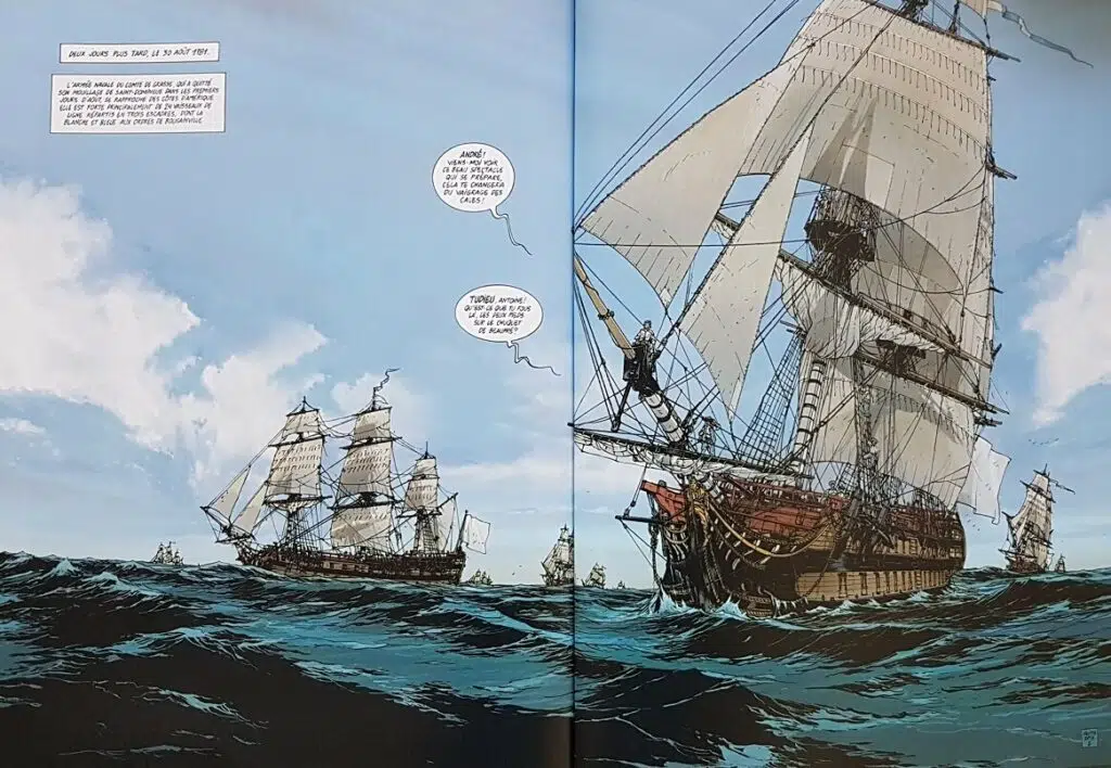 L'escadre de l'amiral De Grasse en route vers la baie de Chesapeake (illustration issue de la BD de Jean-Yves Delitte)