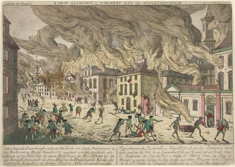 Gravure d'époque représentant le Grand incendie de New York durant la guerre d'Indépendance américaine (1776).