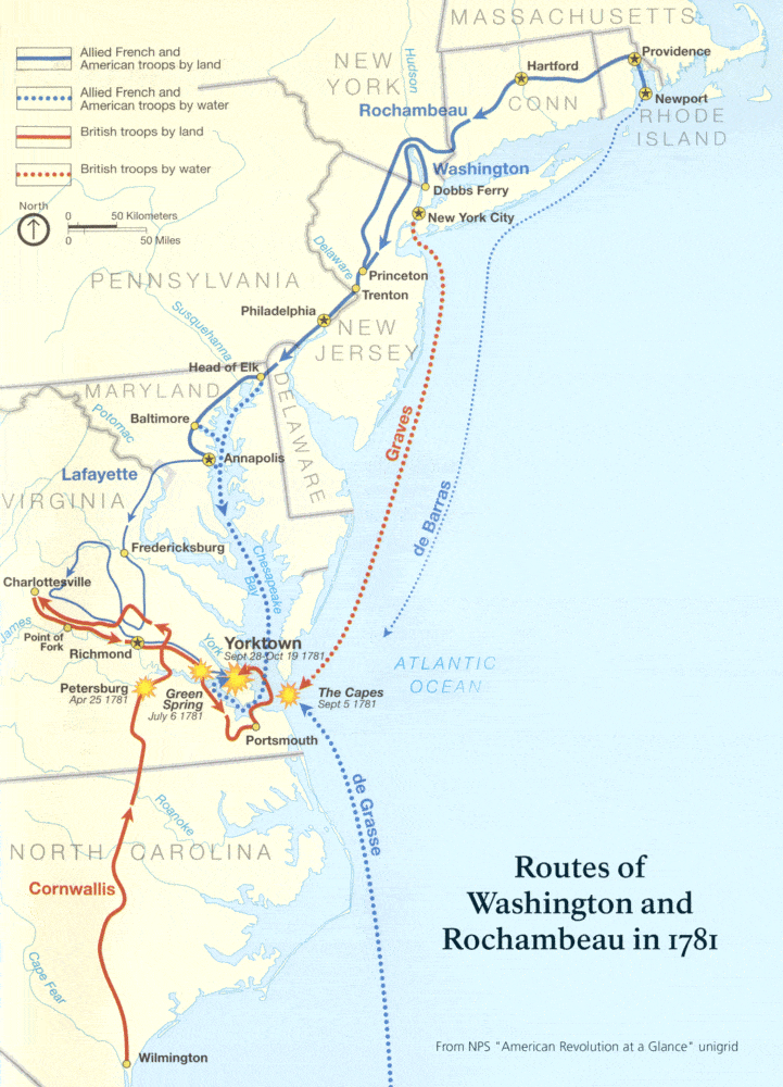 Carte récapitulative des mouvements de troupes franco-américaines et britanniques menant au siège de Yorktown (1781)