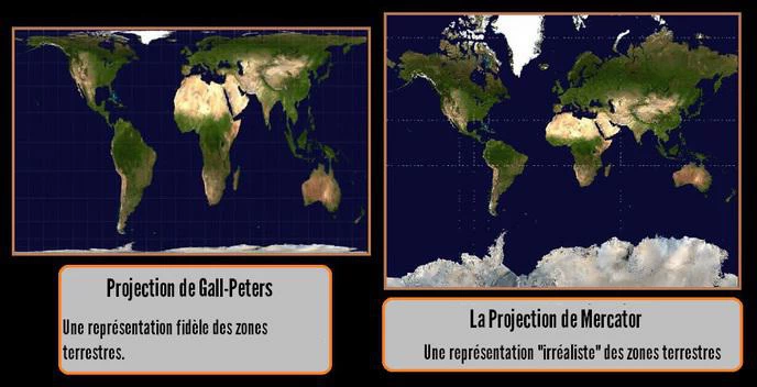 Planisphères comparés (projection de Mercator vs projection de Gall-Peters)