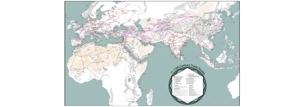 Les grandes routes et réseaux commerciaux (d'Europe, d'Afrique et d'Asie - dont la route de la soie) du Moyen-Âge (XIe-XIIe siècle)