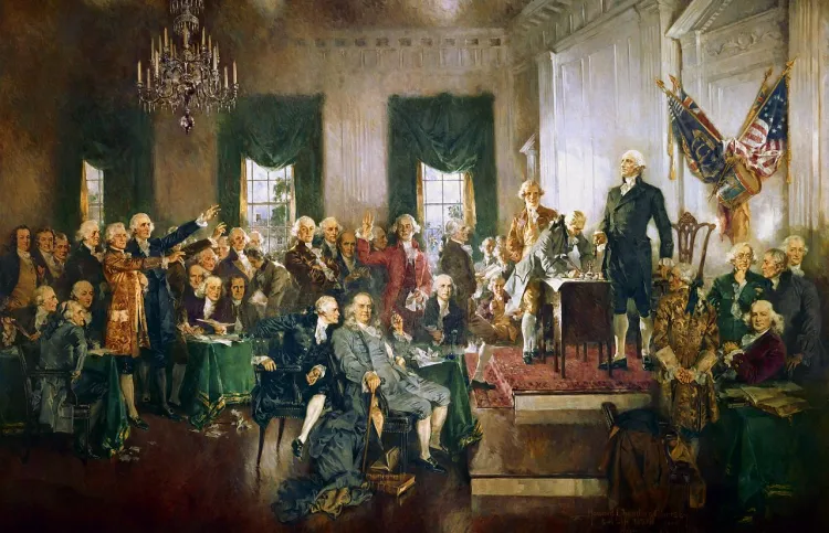 Membres de la Convention signant la Constitution des Etats-Unis dans l'Independence Hall de Philadelphie, le 17 septembre 1787 (peinture d'Howard Chandler)