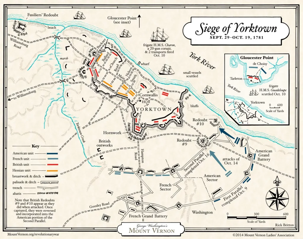 Carte du siège terrestre de Yorktown (détaillant les positions et attaques des troupes franco-américaines et britanniques)