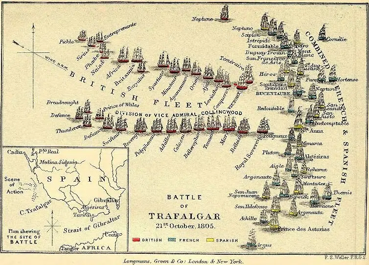 Schéma de la bataille de Trafalgar, avec la célèbre attaque en colonnes de Nelson sur la flotte franco-espagnole commandée par Villeneuve (1804)