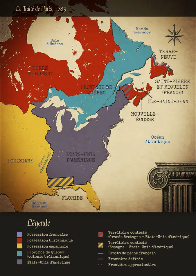 Carte des territoires des Etats-Unis d'Amérique ainsi que des possessions restantes des Européens (Britanniques, Espagnols,…) à la suite du traité de Paris (1783)