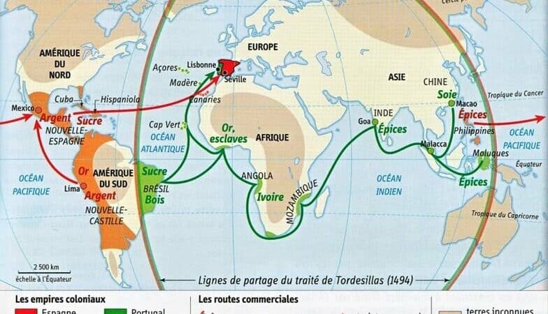 Carte du traité de Tordesillas (1494), qui partage le monde entre Portugais et Espagnols