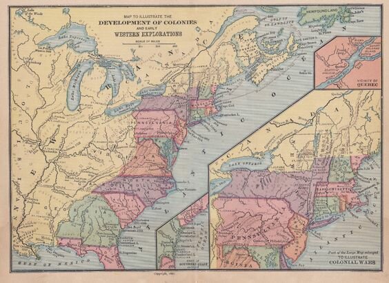 Carte des Treize Colonies britanniques d'Amérique du Nord (et futurs Etats-Unis d'Amérique, suite à la guerre d'Indépendance américaine)