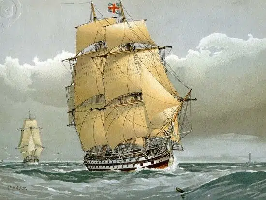 Peinture représentant un vaisseau de ligne de la Royal Navy (74 canons) de la fin du XVIIIe siècle