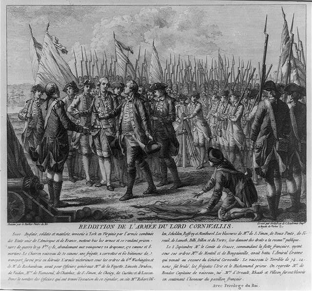 Gravure issue d'un journal français d'époque relatant la défaite britannique de Yorktown (1781)