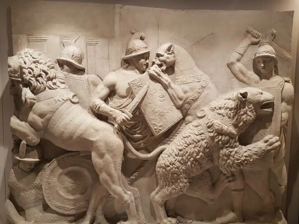 Fresque romaine représentant un combat de gladiateurs (musée archéologique national de Naples)