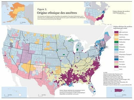 Carte de l'origine ethnique des ancêtres de la population américaine d'aujourd'hui