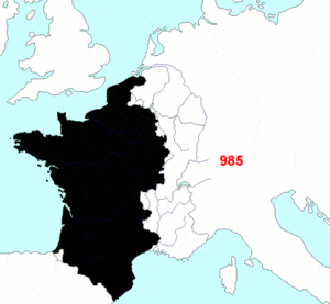 Carte dynamique illustrant l'évolution des frontières de la France de 985 à 1947 : figurent initialement en noir le domaine royal et les fiefs féodaux relevant de la couronne lors de l'accession au trône de Hugues Capet