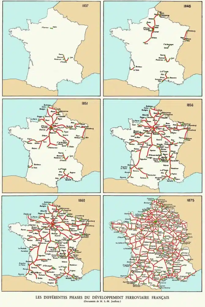 Carte représentant les différentes phases de développement du réseau ferroviaire français entre 1837 et 1875.