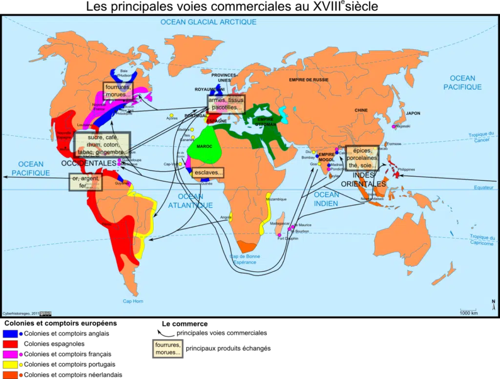 Carte des principales voies commerciales au XVIIIe siècle