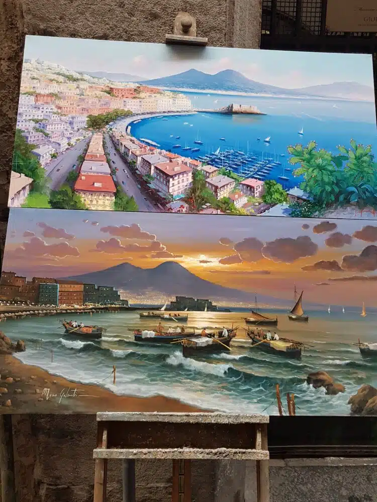 La baie de Naples (dominée par le Vésuve) en belle peinture
