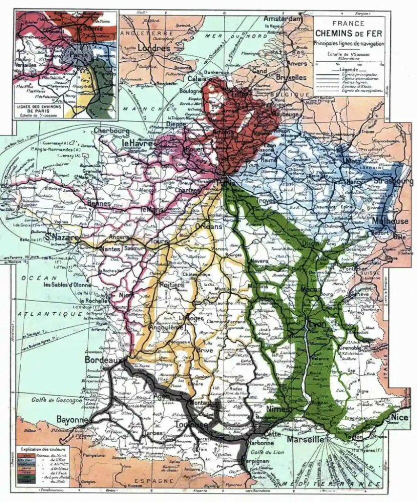Carte représentant les principales lignes de chemin de fer de France (les couleurs faisant référence aux anciennes grandes compagnies ferroviaires se partageant le réseau de chemin de fer avant la création de la SNCF en 1938)