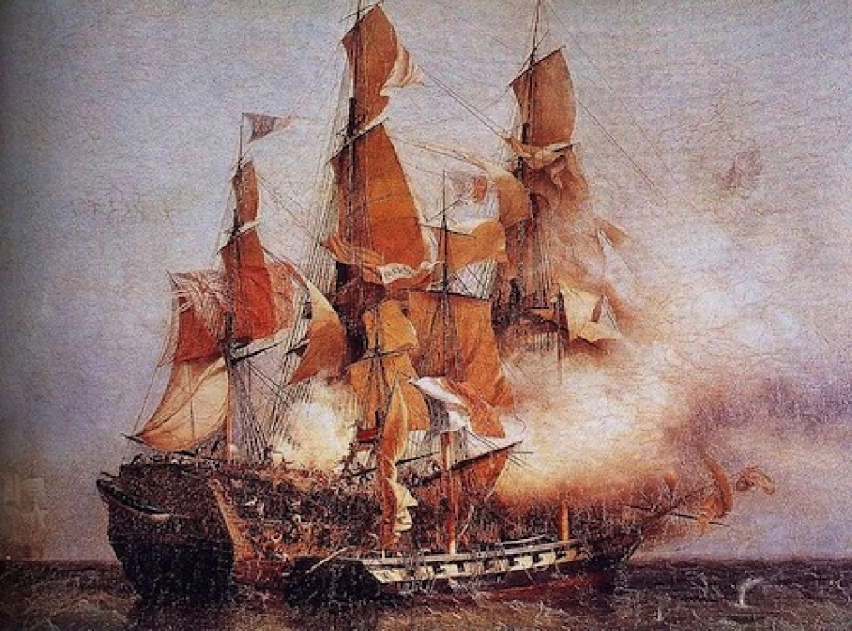 Peinture représentant le légendaire corsaire français Surcouf en train d'aborder un navire marchand britannique