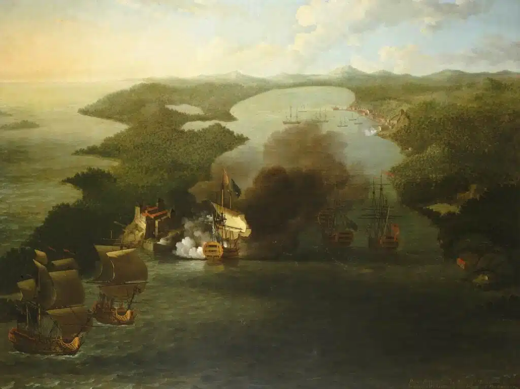 Peinture de Samuel Scott représentant les bombardements des forts de Portobelo par la flotte de Vernon (1739), dans le cadre de la guerre de l'oreille de Jenkins