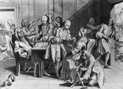 caricature représentant Jenkins en train de présenter son oreille tranchée au Premier Ministre britannique, Robert Walpole