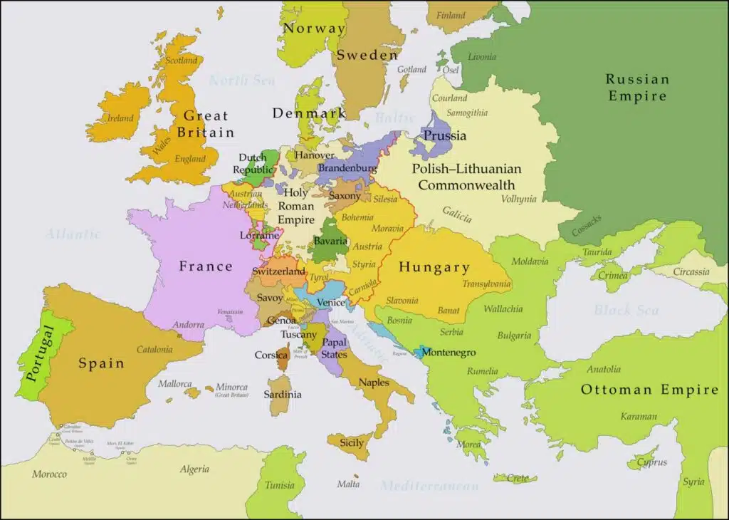 Carte de l'Europe après le traité de Vienne de 1738, à la veille de la guerre de Succession d'Autriche