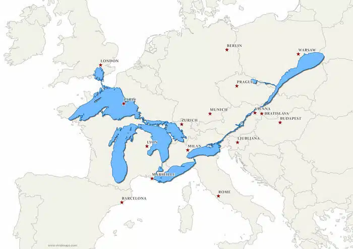 You are currently viewing Les Grands Lacs et le Saint-Laurent superposés à une carte de l’Europe