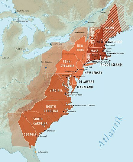 Carte de situation des Treize Colonies britanniques à la veille de la guerre de la Conquête