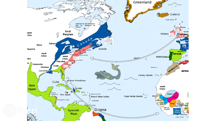 Carte de l'organisation de l'Amérique du Nord au milieu du XVIIIe siècle