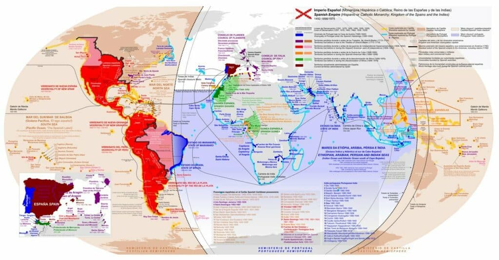 Carte représentant les différentes possessions de l'empire espagnol tout au long de son existence