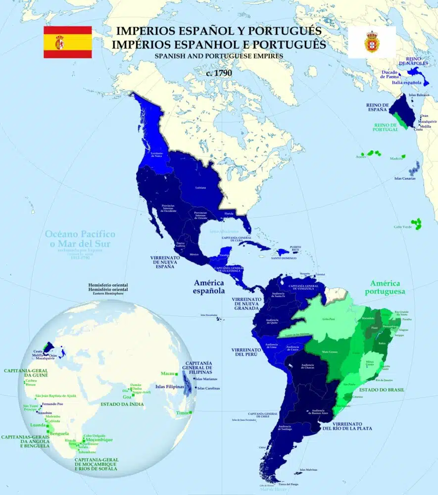 Carte des Empires espagnols et portugais à la fin du XVIIIe siècle