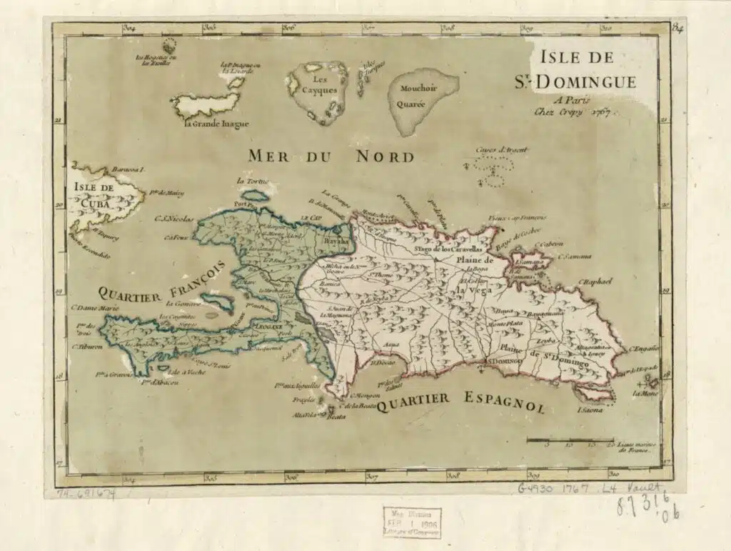 Le partage de l'île de Saint-Domingue (ancienne "Hispanolia") entre Français et Espagnols suite au traité de Ryswick (1697)