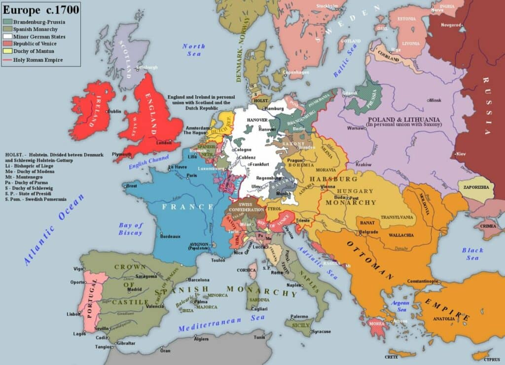 Carte de l'Europe à la veille de la guerre de Succession d'Espagne