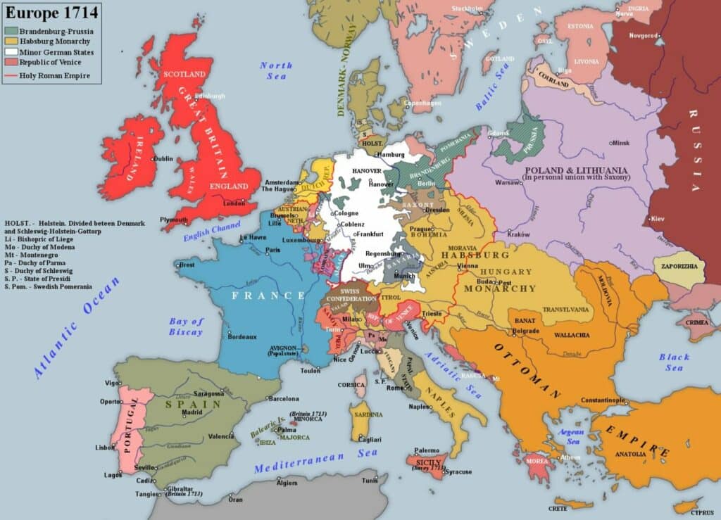 Carte de l'Europe à la fin de la guerre de Succession d'Espagne
