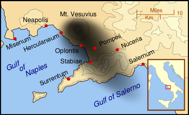 Schéma du nuage de cendres de l'éruption du Vésuve de 79 ap. J.-C. (qui détruisit Pompéi)