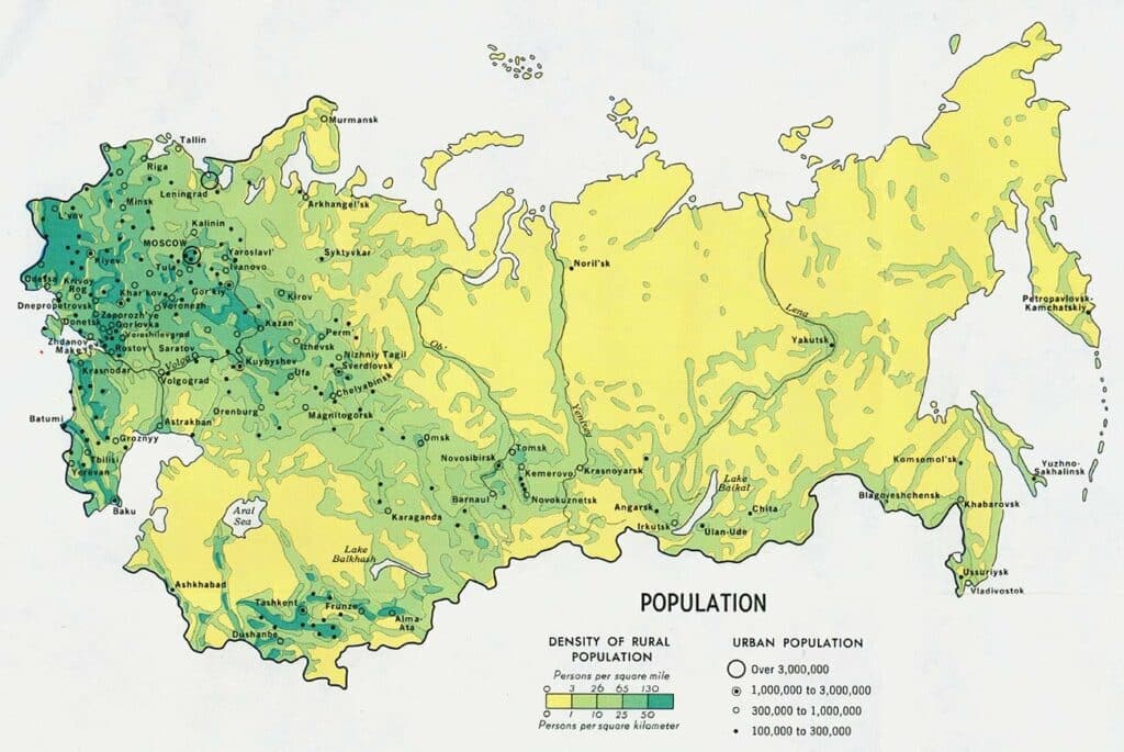Carte de la répartition démographique de l'Union soviétique en 1974