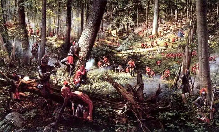 Illustration de la "petite guerre" que mènent les alliés Amérindiens des Français durant la guerre de la Conquête (1754-1760) en Nouvelle-France