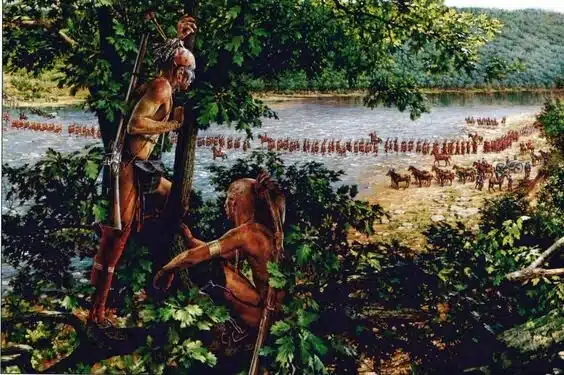 Des Amérindiens observant l'avancée de l'expédition de Braddock le long de la rivière Monongahela, durant la guerre de la Conquête (1754-1760) en Nouvelle-France