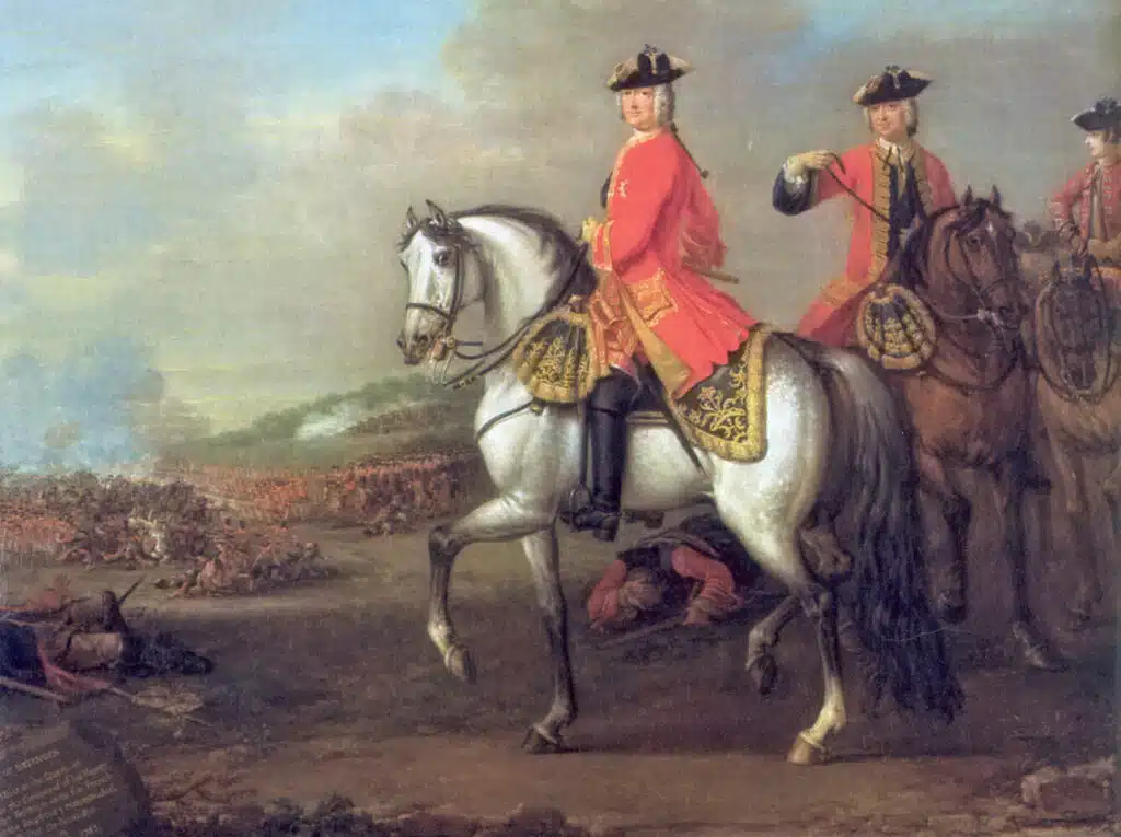 Le roi George II à la bataille de Dettingen (1743), durant la guerre de Succession d'Autriche