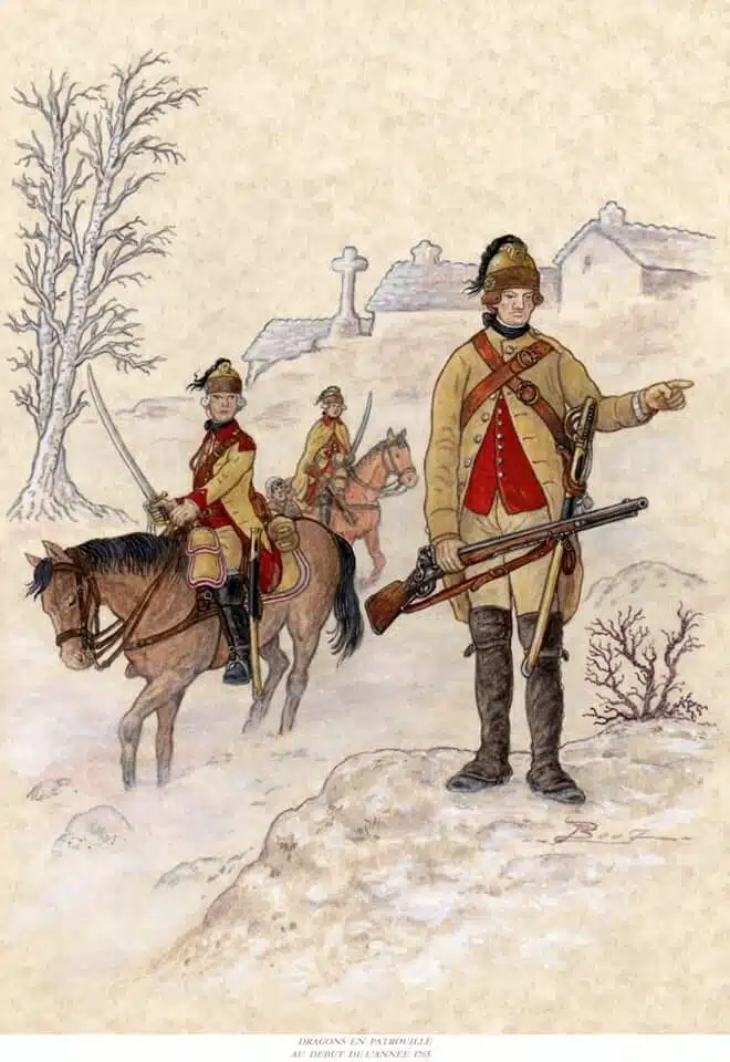 Volontaires de Clermont-Prince en patrouille au début de l'année 1765 (© Patrick Berthelot)
