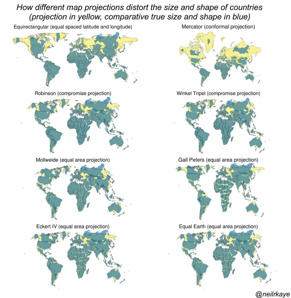 How different map projections distort the size and shape fo countries (© Neil Kaye)