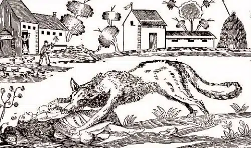 Loups-garous attaquant une ferme (gravure d'époque)