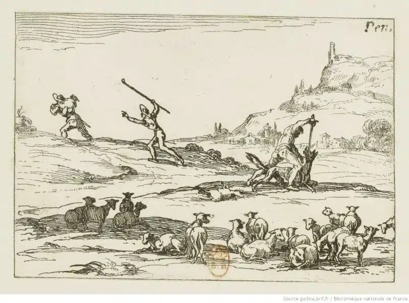 Le loup attaquant les brebis, gravure de Jacques Callot (début XVIIe siècle)