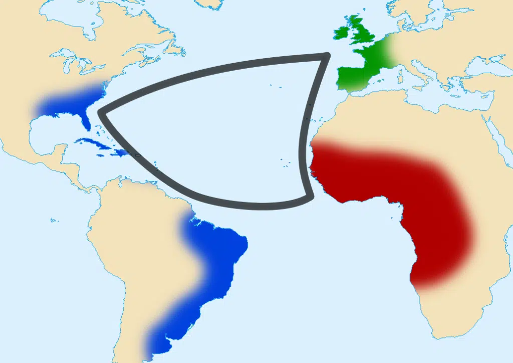 Schéma classique du commerce triangulaire entre l'Afrique, les Amériques et l'Europe