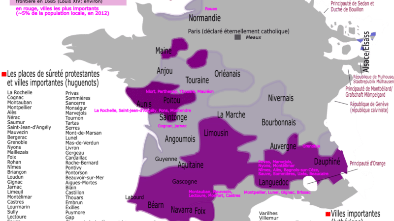 Territoires contrôlés par les protestants lors des guerres de Religion (1562-1598)
