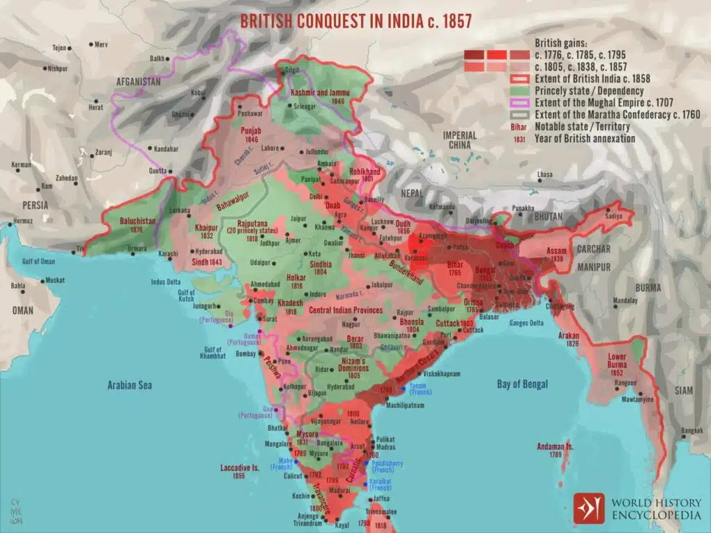 Carte récapitulative de la conquête britannique de l'Inde entre 1760-1857 (© World History Encyclopedia)